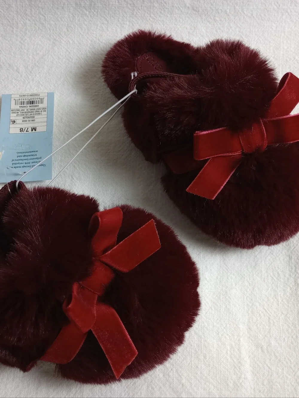 Cat & Jack Burgandy Faux Fur Slippers with Velvet Bows